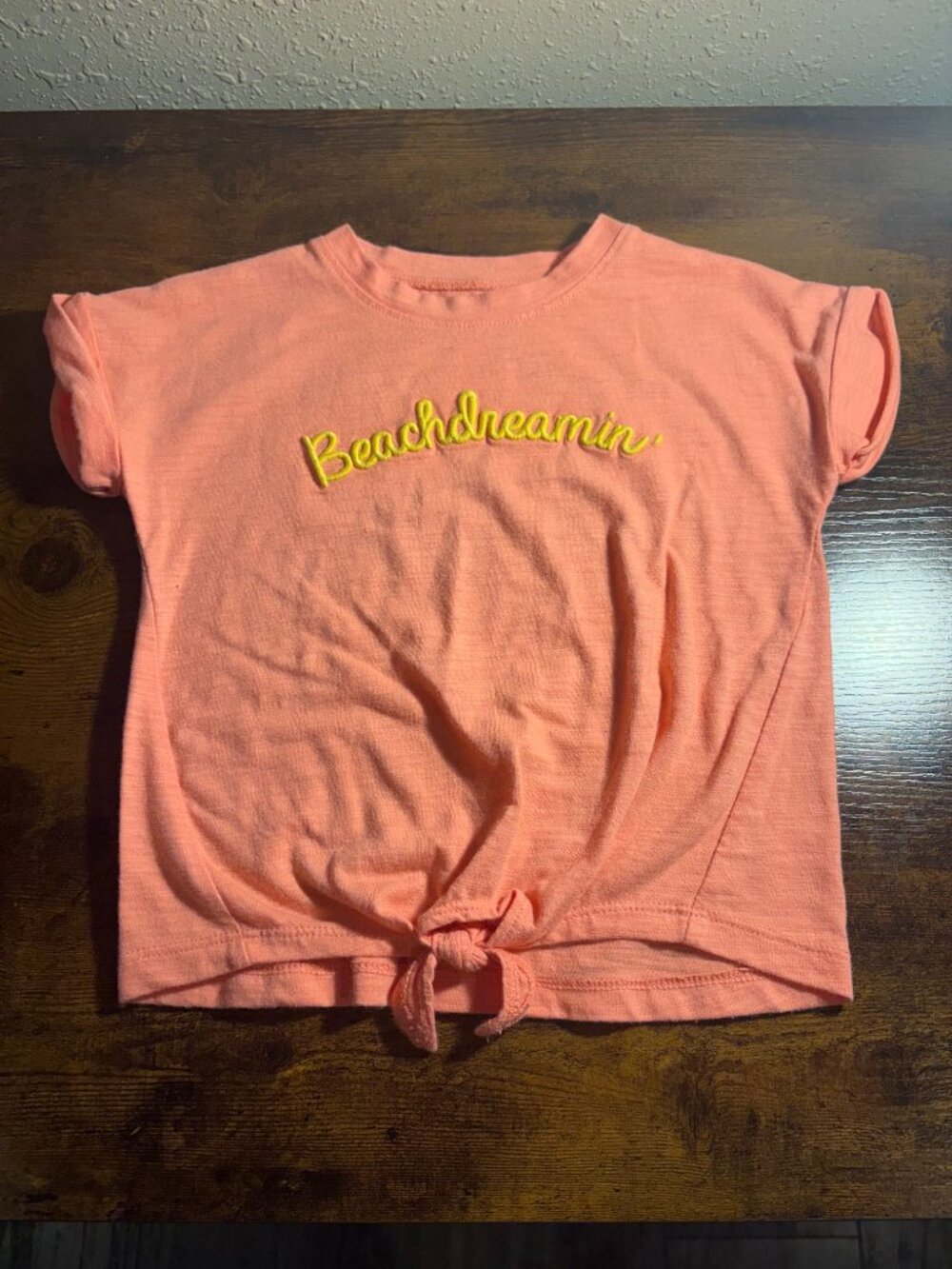 Girls Coral “Beachdreamin’” Embroidered Tie-Front T-Shirt